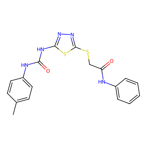 N-phenyl-2-((5-(3-(p-tolyl)ureido)-1,3,4-thiadiazol-2-yl)thio)acetamide structure