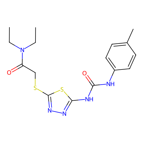 N,N-diethyl-2-((5-(3-(p-tolyl)ureido)-1,3,4-thiadiazol-2-yl)thio)acetamide structure