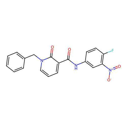 1-benzyl-N-(4-fluoro-3-nitrophenyl)-2-oxo-1,2-dihydropyridine-3-carboxamide structure