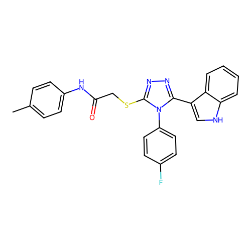 2-{[4-(4-fluorophenyl)-5-(1H-indol-3-yl)-4H-1,2,4-triazol-3-yl]sulfanyl}-N-(4-methylphenyl)acetamide structure