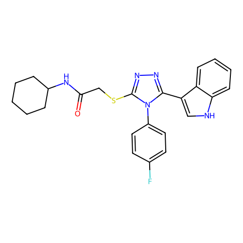 N-cyclohexyl-2-{[4-(4-fluorophenyl)-5-(1H-indol-3-yl)-4H-1,2,4-triazol-3-yl]sulfanyl}acetamide structure