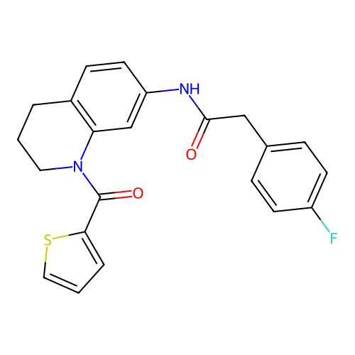 2-(4-fluorophenyl)-N-[1-(thiophene-2-carbonyl)-1,2,3,4-tetrahydroquinolin-7-yl]acetamide structure