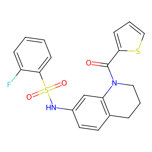 2-fluoro-N-[1-(thiophene-2-carbonyl)-1,2,3,4-tetrahydroquinolin-7-yl]benzene-1-sulfonamide structure