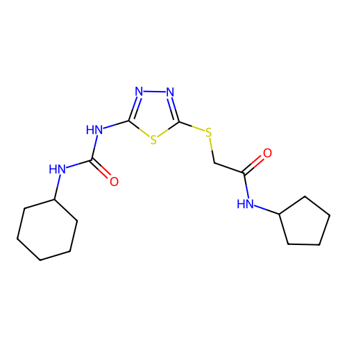2-((5-(3-cyclohexylureido)-1,3,4-thiadiazol-2-yl)thio)-N-cyclopentylacetamide structure