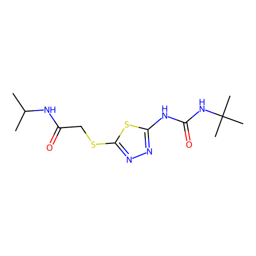 2-((5-(3-(tert-butyl)ureido)-1,3,4-thiadiazol-2-yl)thio)-N-isopropylacetamide structure