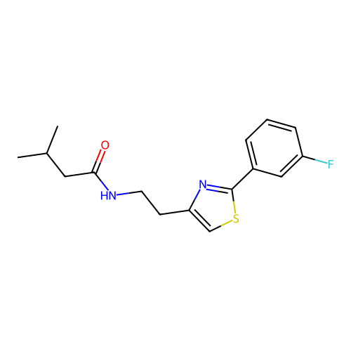 N-{2-[2-(3-fluorophenyl)-1,3-thiazol-4-yl]ethyl}-3-methylbutanamide structure
