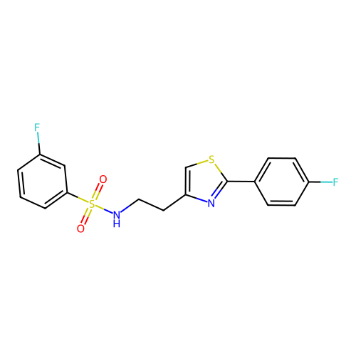 3-fluoro-N-(2-(2-(4-fluorophenyl)thiazol-4-yl)ethyl)benzenesulfonamide structure