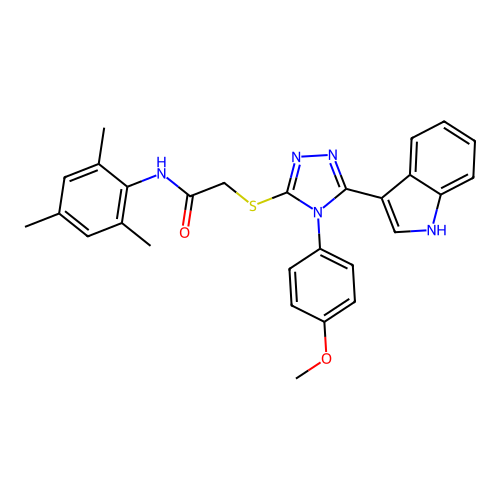 2-((5-(1H-indol-3-yl)-4-(4-methoxyphenyl)-4H-1,2,4-triazol-3-yl)thio)-N-mesitylacetamide structure