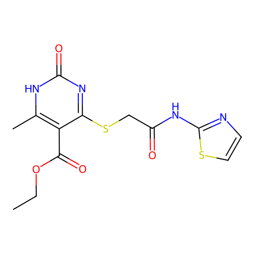 ethyl 6-methyl-2-oxo-4-({[(1,3-thiazol-2-yl)carbamoyl]methyl}sulfanyl)-1,2-dihydropyrimidine-5-carboxylate structure