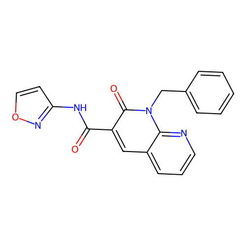 1-benzyl-N-isoxazol-3-yl-2-oxo-1,2-dihydro-1,8-naphthyridine-3-carboxamide structure