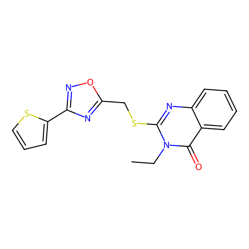 3-Ethyl-2-[(3-thiophen-2-yl-1,2,4-oxadiazol-5-yl)methylsulfanyl]quinazolin-4-one structure