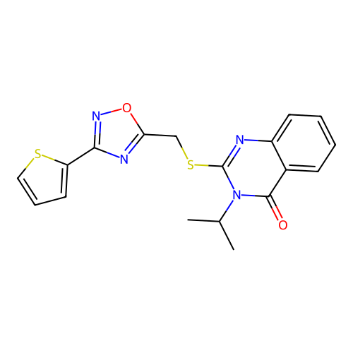 3-(propan-2-yl)-2-({[3-(thiophen-2-yl)-1,2,4-oxadiazol-5-yl]methyl}sulfanyl)-3,4-dihydroquinazolin-4-one structure