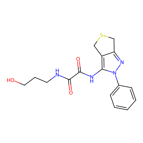 N-(3-hydroxypropyl)-N'-(2-phenyl-4,6-dihydrothieno[3,4-c]pyrazol-3-yl)oxamide structure