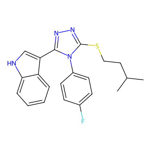 3-(4-(4-fluorophenyl)-5-(isopentylthio)-4H-1,2,4-triazol-3-yl)-1H-indole structure
