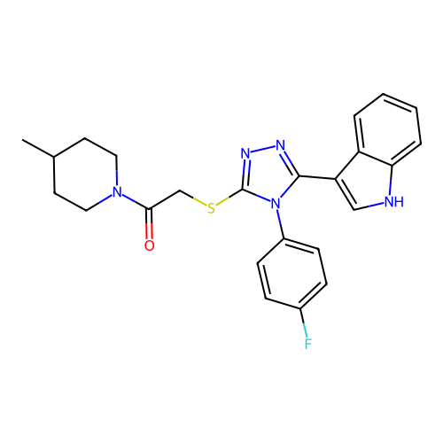 2-{[4-(4-fluorophenyl)-5-(1H-indol-3-yl)-4H-1,2,4-triazol-3-yl]sulfanyl}-1-(4-methylpiperidin-1-yl)ethan-1-one structure