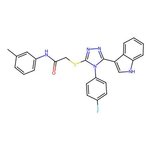 2-((4-(4-fluorophenyl)-5-(1H-indol-3-yl)-4H-1,2,4-triazol-3-yl)thio)-N-(m-tolyl)acetamide structure