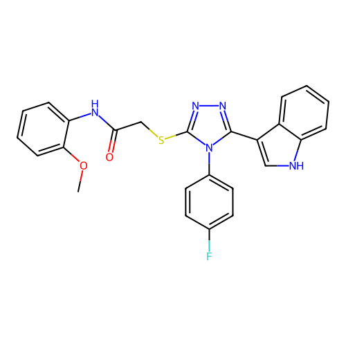 2-{[4-(4-fluorophenyl)-5-(1H-indol-3-yl)-4H-1,2,4-triazol-3-yl]sulfanyl}-N-(2-methoxyphenyl)acetamide structure