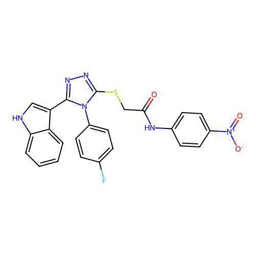 2-((4-(4-fluorophenyl)-5-(1H-indol-3-yl)-4H-1,2,4-triazol-3-yl)thio)-N-(4-nitrophenyl)acetamide structure