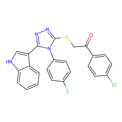 1-(4-chlorophenyl)-2-{[4-(4-fluorophenyl)-5-(1H-indol-3-yl)-4H-1,2,4-triazol-3-yl]sulfanyl}ethan-1-one structure