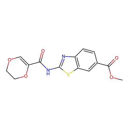Methyl 2-(5,6-dihydro-1,4-dioxine-2-carboxamido)benzo[d]thiazole-6-carboxylate structure