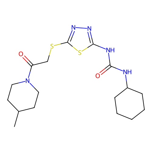 1-cyclohexyl-3-(5-{[2-(4-methylpiperidin-1-yl)-2-oxoethyl]sulfanyl}-1,3,4-thiadiazol-2-yl)urea structure