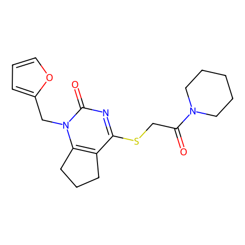 1-[(furan-2-yl)methyl]-4-{[2-oxo-2-(piperidin-1-yl)ethyl]sulfanyl}-1H,2H,5H,6H,7H-cyclopenta[d]pyrimidin-2-one structure