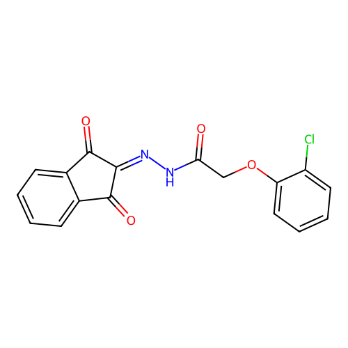 2-(2-chlorophenoxy)-N'-(1,3-dioxo-1,3-dihydro-2H-inden-2-yliden)acetohydrazide structure