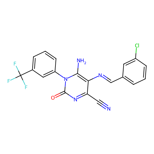 5-{[(E)-(3-chlorophenyl)methylidene]amino}-6-imino-2-oxo-1-[3-(trifluoromethyl)phenyl]-1,2,3,6-tetrahydro-4-pyrimidinecarbonitrile structure