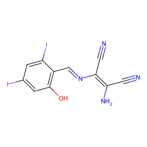 2-Amino-3-{[(2-hydroxy-4,6-diiodophenyl)methylidene]amino}but-2-enedinitrile structure