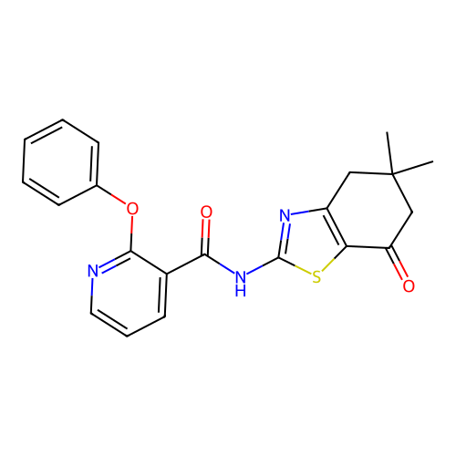 N-(5,5-dimethyl-7-oxo-4,5,6,7-tetrahydro-1,3-benzothiazol-2-yl)-2-phenoxypyridine-3-carboxamide structure