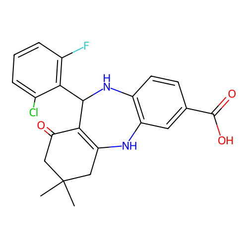 6-(2-chloro-6-fluorophenyl)-9,9-dimethyl-7-oxo-6,8,10,11-tetrahydro-5H-benzo[b][1,4]benzodiazepine-2-carboxylic acid structure
