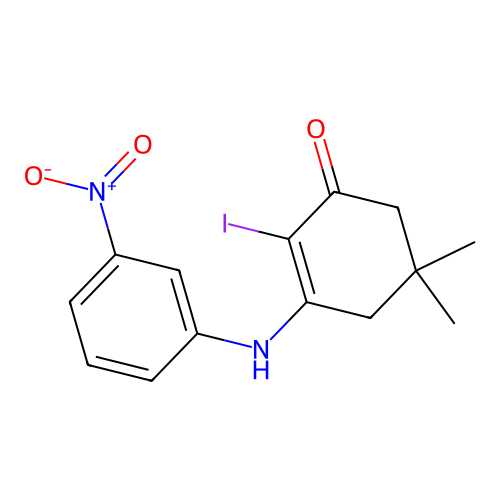2-Iodo-5,5-dimethyl-3-[(3-nitrophenyl)amino]cyclohex-2-en-1-one structure