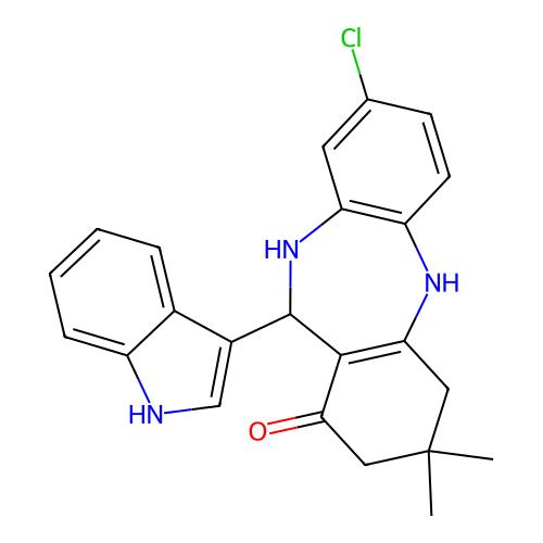 3-chloro-6-(1H-indol-3-yl)-9,9-dimethyl-6,8,10,11-tetrahydro-5H-benzo[b][1,4]benzodiazepin-7-one structure