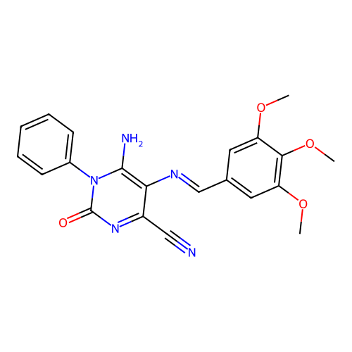 6-imino-2-oxo-1-phenyl-5-{[(E)-(3,4,5-trimethoxyphenyl)methylidene]amino}-1,2,3,6-tetrahydro-4-pyrimidinecarbonitrile structure