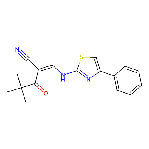 (E)-2-(2,2-dimethylpropanoyl)-3-[(4-phenyl-1,3-thiazol-2-yl)amino]-2-propenenitrile structure