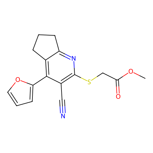 methyl {[3-cyano-4-(furan-2-yl)-6,7-dihydro-5H-cyclopenta[b]pyridin-2-yl]sulfanyl}acetate structure
