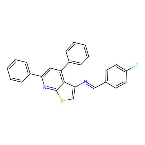 (E)-N-(4-fluorobenzylidene)-4,6-diphenylthieno[2,3-b]pyridin-3-amine structure