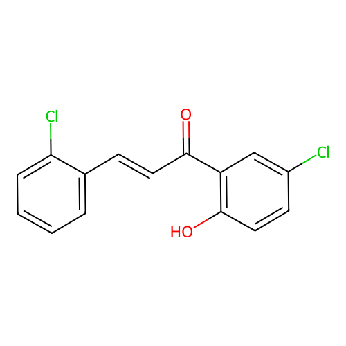 (2E)-1-(5-chloro-2-hydroxyphenyl)-3-(2-chlorophenyl)prop-2-en-1-one structure