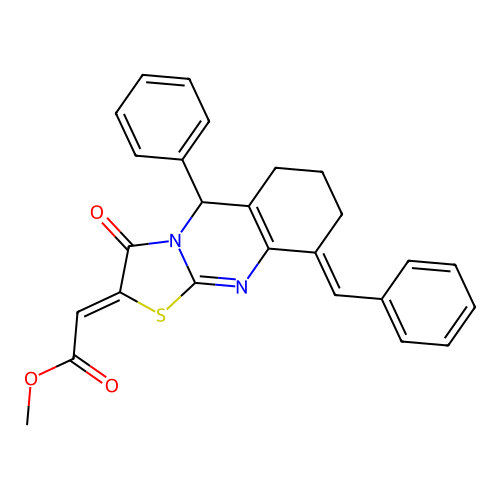 (Z)-methyl 2-((E)-9-benzylidene-3-oxo-5-phenyl-3,5,6,7,8,9-hexahydro-2H-thiazolo[2,3-b]quinazolin-2-ylidene)acetate structure