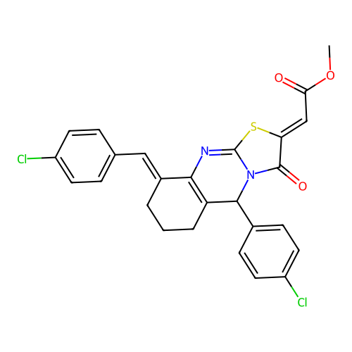 (Z)-methyl 2-((E)-9-(4-chlorobenzylidene)-5-(4-chlorophenyl)-3-oxo-3,5,6,7,8,9-hexahydro-2H-thiazolo[2,3-b]quinazolin-2-ylidene)acetate structure