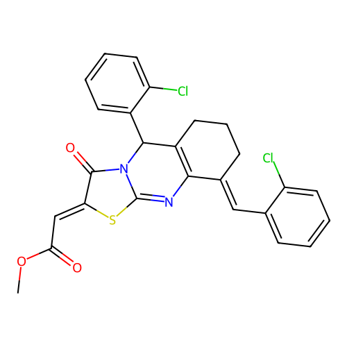 (Z)-methyl 2-((E)-9-(2-chlorobenzylidene)-5-(2-chlorophenyl)-3-oxo-3,5,6,7,8,9-hexahydro-2H-thiazolo[2,3-b]quinazolin-2-ylidene)acetate structure
