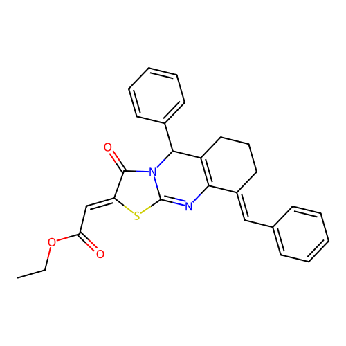 (Z)-ethyl 2-((E)-9-benzylidene-3-oxo-5-phenyl-3,5,6,7,8,9-hexahydro-2H-thiazolo[2,3-b]quinazolin-2-ylidene)acetate structure