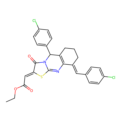 (Z)-ethyl 2-((E)-9-(4-chlorobenzylidene)-5-(4-chlorophenyl)-3-oxo-3,5,6,7,8,9-hexahydro-2H-thiazolo[2,3-b]quinazolin-2-ylidene)acetate structure