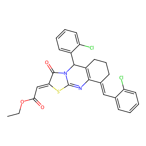 (Z)-ethyl 2-((E)-9-(2-chlorobenzylidene)-5-(2-chlorophenyl)-3-oxo-3,5,6,7,8,9-hexahydro-2H-thiazolo[2,3-b]quinazolin-2-ylidene)acetate structure