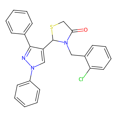 3-(2-chlorobenzyl)-2-(1,3-diphenyl-1H-pyrazol-4-yl)-1,3-thiazolidin-4-one structure