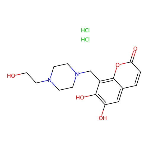 Coumarin, 6,7-dihydroxy-8-((4-(2-hydroxyethyl)-1-piperazinyl)methyl)-, dihydrochloride structure