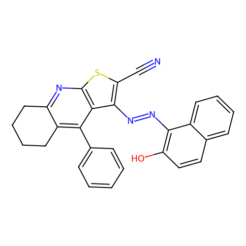 (E)-3-((2-hydroxynaphthalen-1-yl)diazenyl)-4-phenyl-5,6,7,8-tetrahydrothieno[2,3-b]quinoline-2-carbonitrile structure