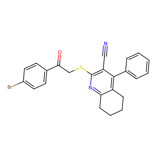 2-((2-(4-bromophenyl)-2-oxoethyl)thio)-4-phenyl-5,6,7,8-tetrahydroquinoline-3-carbonitrile structure
