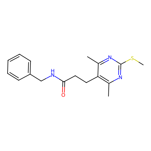 N-benzyl-3-[4,6-dimethyl-2-(methylsulfanyl)pyrimidin-5-yl]propanamide structure