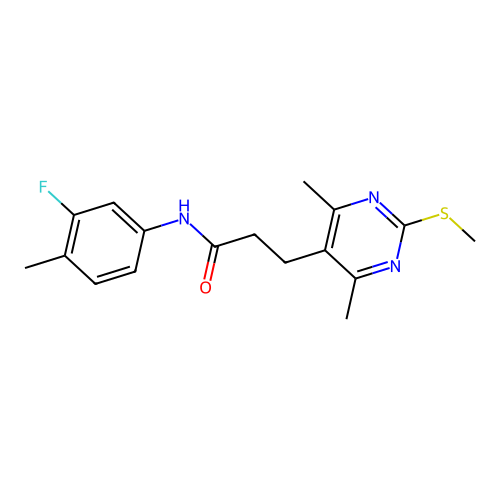 3-(4,6-dimethyl-2-methylsulfanylpyrimidin-5-yl)-N-(3-fluoro-4-methylphenyl)propanamide structure